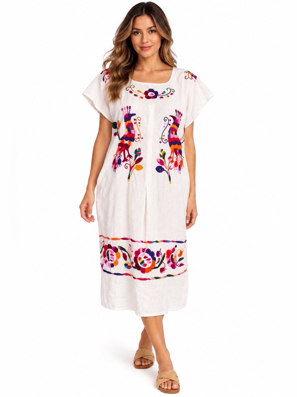 Vintage Oaxaca Mexican Peacock Embroidered Huipil Dress Boho Folk Art White OS